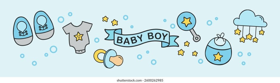 Set of cute baby nutrition and care icons flat vector illustration. New baby items and icons. Outline set of baby items vector icons for web design