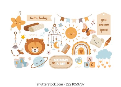 Conjunto de adorables objetos para bebés al estilo escandinavo. Elementos bohemios.
Ilustración del vector
