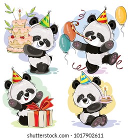 Ponga adorables osos pandas en sombrero de cartón, con torta de cumpleaños y velas, con caja de regalo, globos y ilustración de caricaturas vector de silbido. Feliz cumpleaños para tarjetas de felicitación, invitaciones para fiestas