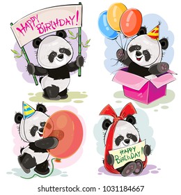 Set of cute baby panda bears with happy birthday banner, with bow and greeting card, with surprise in gift box and balloons vector cartoon illustration. Clipart for party invitations, t-shirt prints