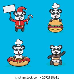 Set Of Cute Baby Panda Character With Various Poses. Christmas, Chef On Burger, Hot Dog and On Coffee Cup. Vector and Illustration.