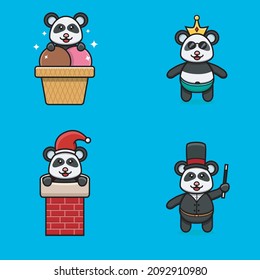 Set Of Cute Baby Panda Character With Various Poses. On Ice Cream, Chinmey, Wearing Crown, and Magician costume. Vector and Illustration.