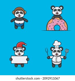 Set Of Cute Baby Panda Character With Various Poses. Wearing Helmet, on Donuts, christmas and chef. Vector and Illustration.