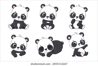 Set of cute baby panda in different poses. Vector illustration.