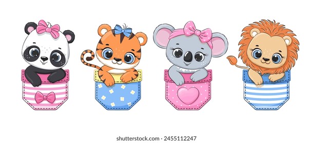 Set of cute baby panda, tiger, koala, lion in pocket. Vector illustration.