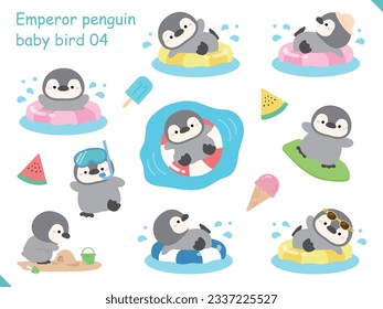 Juego de lindos pingüinos y helados. Ilustración vectorial al estilo de las caricaturas.