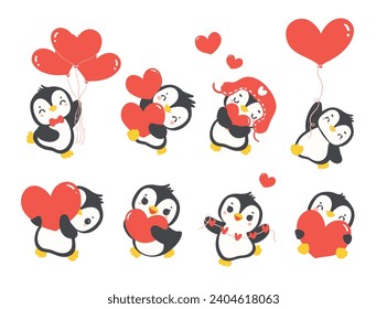 Set of Cute baby penguins Valentine with heart, romantic animal lcartoon drawing illustration.