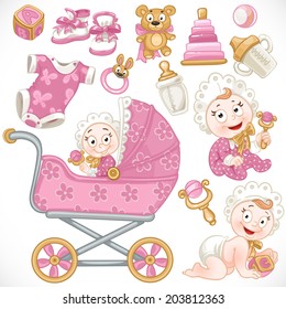 Set of cute baby, pink toys, carriage, objects, clothes and things