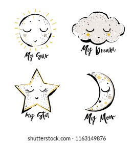 Set of cute baby print elements: cloud, cute star, sun, moon. Simple doodle hand drawn illustration in watercolor scandinavian style. Black, yellow, gray graphic on white background.