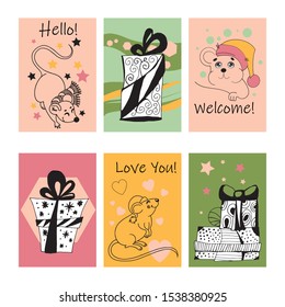 Set of cute baby shower cards with funny mice characters and celebration elements. Gift boxes, gift boxes. Hand drawn style, vector illustration. Welcome and love frases.