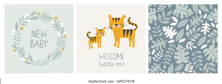 Set of cute baby shower cards and jungle pattern with tiger mom and baby, tropical leaves, wreath and hand lettered phrases - new baby, welcome little one. For invitations, greeting cards, posters