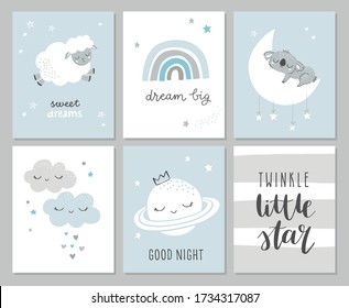 Set Of Cute Baby Shower Cards Including Moon, Clouds, Star, Koala Bear, She And Modern Calligraphy Phrases: Dream Big, Twinkle Little Star. Vector Illustrations For Invitations, Greeting Cards, Poster