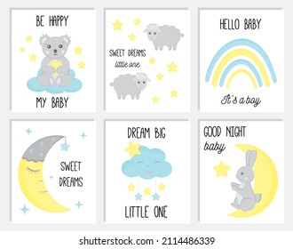Set of cute baby shower cards or nursery posters. Hand drawn koala, bunny, rainbow, clouds, stars. Vector illustrations for invitations, greeting cards, posters. Baby shower celebration concept.