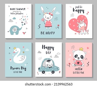 Set of cute baby shower cards with little elephant, bunny, unicorn, kitty and panda. Perfect for invitations, greeting cards, posters. Vector illustration.