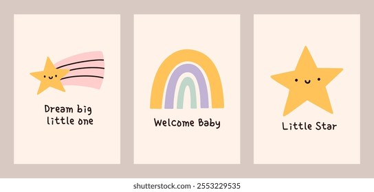 Set of cute baby shower cards in pastel colors. Three kawaii designs with adorable characters. Perfect for invitations, posters, greeting cards, decorations. Vector flat illustration.