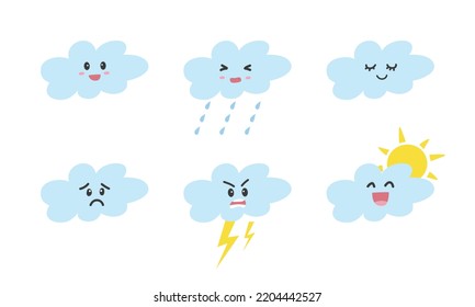 Set Of Cute Baby Shower Clouds With Different Emotions Clipart. Simple Cute Character, Cloud Kawaii Face Flat Vector Illustration. Sweet Funny Smiling, Crying, Laughing Cloud Faces Cartoon Style Icon