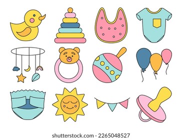 Set of cute baby shower objects cartoon doodle kids clipart for baby shower invitation card nursery room decor poster