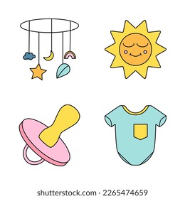 Set of cute baby shower objects cartoon mobile sun pacifier clothing doodle kids clipart for baby shower invitation card nursery room decor poster
