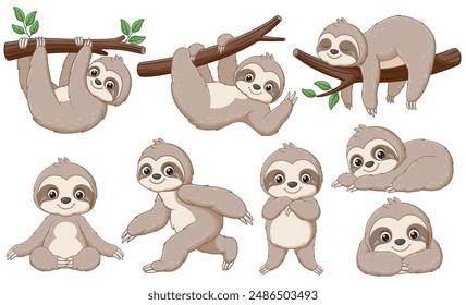 Set Of Cute Baby Sloths Cartoon. Animal Nature Icon Concept Isolated Premium Vector. Vector Illustration