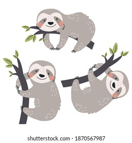 Set with cute baby sloths isolated on a white background. Vector illustration in a modern cartoon style, for printing on packaging paper, postcard, poster, banner, clothing.Cute children's background.