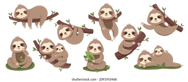 Set of cute baby sloths. Lazy wild animal lies on branch, climbs trees or eats green leaves. Design elements for stickers, social networks. Cartoon flat vector collection isolated on white background