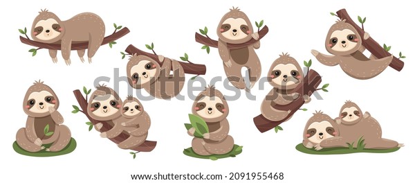 Set of cute baby sloths. Lazy wild animal lies\
on branch, climbs trees or eats green leaves. Design elements for\
stickers, social networks. Cartoon flat vector collection isolated\
on white background