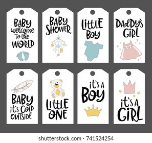 Set of cute Baby stickers with lettering quote and baby objects. Editable vector illustration