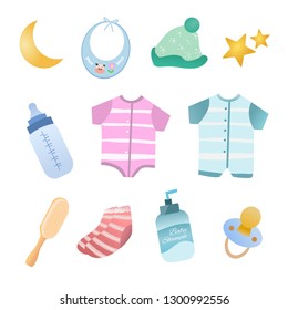 Set of cute baby stuff object item vector illustration design.