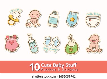 Set of Cute Baby Stuff Patches and Stickers