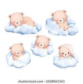 Set of Cute Baby Teddy Bears Sleep on Cloud