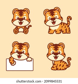 Set of Cute baby tiger cartoon animal kawaii mascot. 