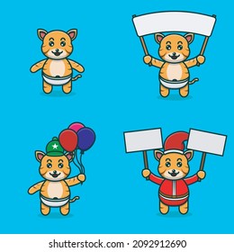 Set Of Cute Baby Tiger Character With Various Poses. Bring banner, balloons and christmas banner. Vector and Illustration.