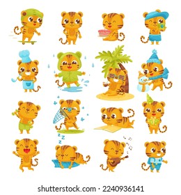 Set of cute baby tiger characters in different activities. Funny little wild animal skateboarding, cooking, catching butterflies with net, doing sports, playing guitar cartoon vector