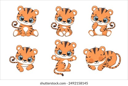 Set of cute baby tiger in different poses. Vector illustration.