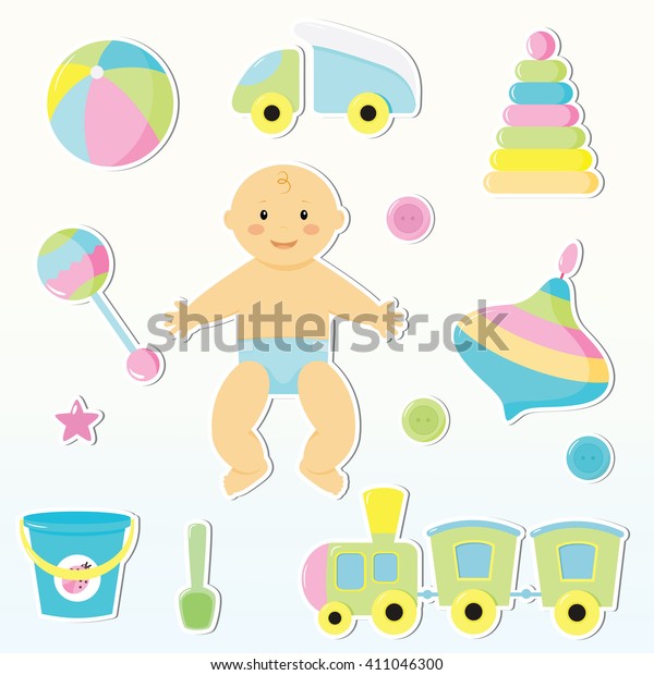 Set Cute Baby Toy Stickers Design Royalty Free Stock Image