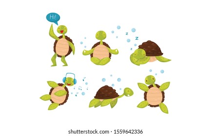 Set With Cute Baby Turtles In Different Active Poses Vector Illustration Cartoon Character