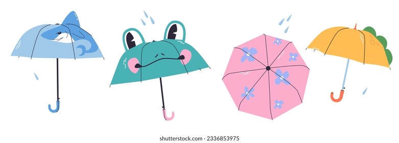 set of cute baby umbrellas.  umbrella with shark, frog, toad, flower, dinosaur. Vector illustration of cartoon umbrellas isolated objects. For girls, boys, children. Cute set funny stylish umbrellas