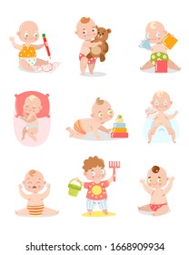 Set of a cute baby in underpants with different situations. Vector illustration in flat cartoon style.