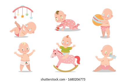 Set of a cute baby in underpants in different situations. Vector illustration in flat cartoon style.