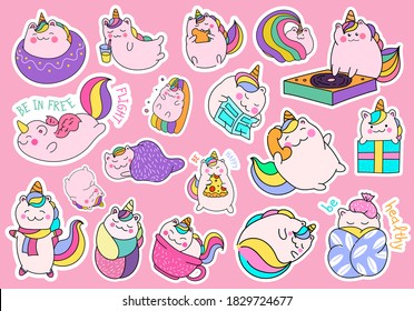 Set of cute baby unicorns in everyday life.