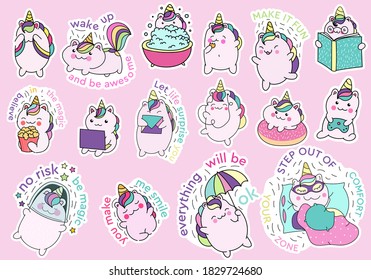Set of cute baby unicorns in everyday life.