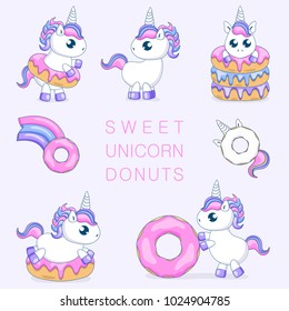 Set of cute baby unicorns playing with donuts.Vector illustration
