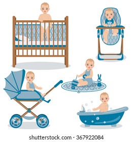 Set with cute baby in various position - awakening, sitting in a carriage and highchair, playing with toys and swimming in bath. The child activities in the first year from the birth. 
