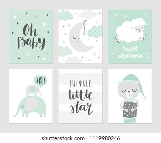 Set of cute baby vector illustations for nursery or baby shower. Moon, clouds, stars, elephants, sheep, sleeping bear and modern calligraphy phrases: twinkle little star and oh, baby. 