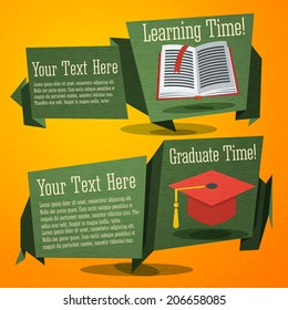 Set of cute back to school banners with globe, text book, glasses. With place for your advertisement text. Vector