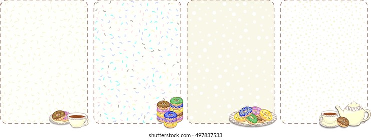 Set of cute background with culinary pictures. Cups, plates, donuts, teapot, chocolate chips. Can be used as recipe list or menu. Vector illustration.