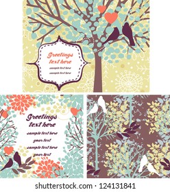 set of cute backgrounds with birds and trees