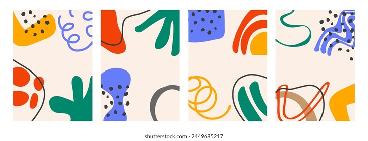 Set of cute backgrounds with various colorful hand drawn abstract shapes for creative graphic design. Vector illustration.