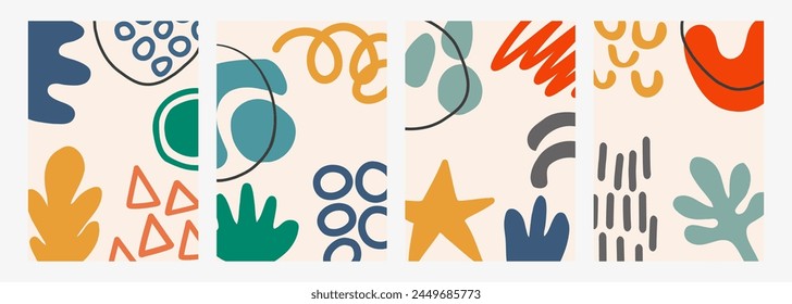 Conjunto de fondos lindos con varias Formas abstractas dibujadas a mano coloridas para el Diseño gráfico creativo. Ilustración vectorial.