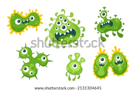 Set of Cute Bacteria, Germs and Viruses Cartoon Characters with Funny Faces, Toothy Pathogen Microbe Monsters with Big Eyes, Green Cells with Teeth and Tongues, Vector Illustration, Isolated Icons
